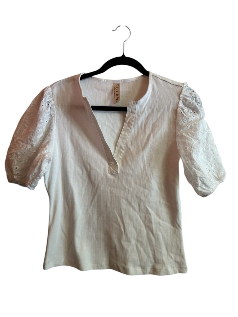 dolan White Eyelet Puff Sleeve Split-Neck Top